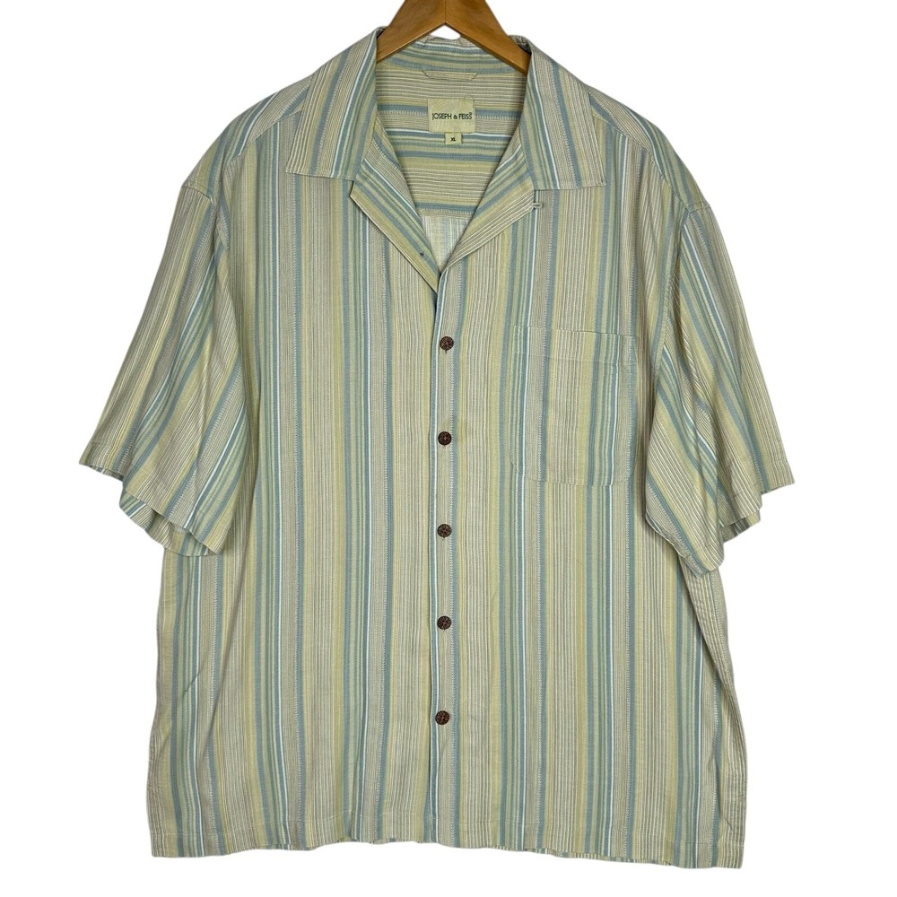 Mens Silk‎ Camp Collar Shirt Green Blue Stripe Relaxed Fit XL Resort Dadcore